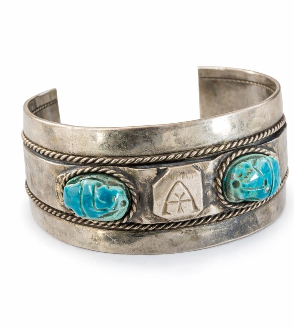 Vtg Egyptian Revival Sterling Silver Turquoise Scarab Cuff Bracelet Wide Boho